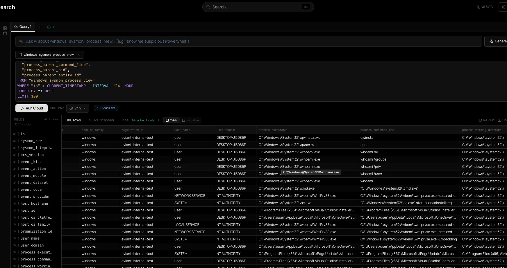 SensorZero dashboard showing alert status, severity breakdown and the live security data flow