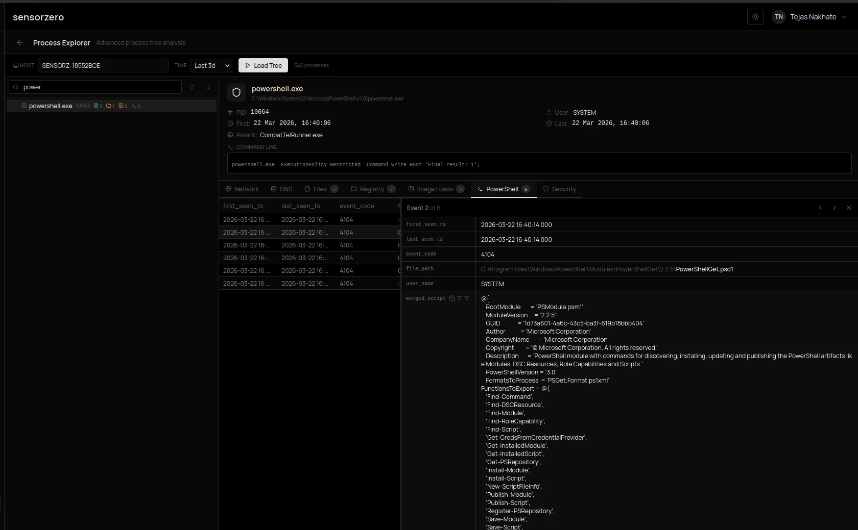 SensorZero process explorer showing a PowerShell process tree and event details